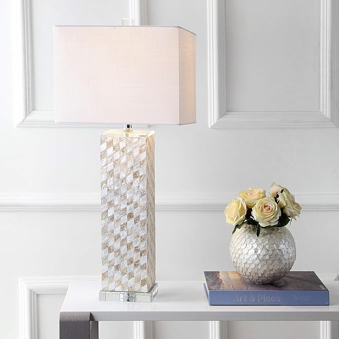 JONATHAN Y JYL1048A Daniel 30.5" Seashell/Crystal LED Table Lamp Coastal Traditional Bedside Desk Nightstand Lamp for Bedroom Living Room Office College Bookcase LED Bulb Included, Cream