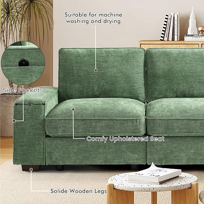 TEKAMON 100" Modular Sectional Sofa with Seats Storage, U Shaped Couch with Movable Ottomans, Chenille Fabric Couch for Living Room, USB Port, Removable Cover(Green, 3 Seater & 2 Ottomans- U Shape)