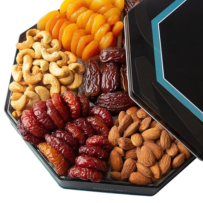 Oh! Nuts 7 Section Dried Fruits and Nuts Gift Basket - Gourmet Assorted Fruit & Nut Gifts Baskets - Healthy Food Hexagon Metal Tin Box - Festive Gifts for Holiday, Birthday, Corporate Women & Men