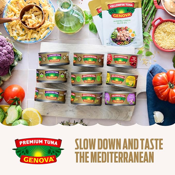 Genova Premium Yellowfin Tuna in Extra Virgin Olive Oil with Sea Salt, 5 Ounce Cans (Pack of 24), Wild Caught, Solid Light