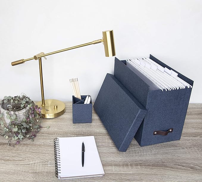 Bigso John Desktop File Box | File Storage Box and Document Organizer for Important Paperwork | Durable Hanging File Box with a Lid and Leather Handle | 7.4’’ x 13’’ x 10.4’’ | Blue