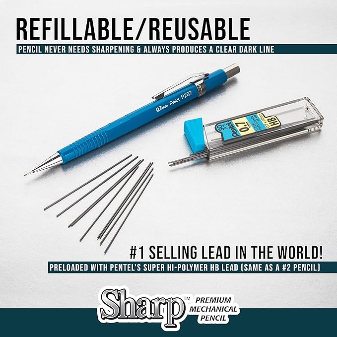 Pentel Sharp Mechanical Pencil, (0.7mm), Medium Line, Blue Barrel, Pack of 4 (P207PF4C)