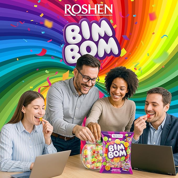 Roshen Bim Bom Hard Candy, Assorted Fruit & Berry Filled Candies, Individually Wrapped, Bulk 2.2 lbs (1 kg) – Pear, Pineapple, Strawberry, Tutti-Frutti Flavors (Pack of 2)