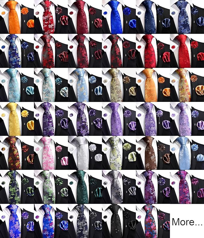 GUSLESON 3.15"(8cm) Mens Floral Tie and Lapel Pin Necktie Hankerchief Cufflinks Set for Men