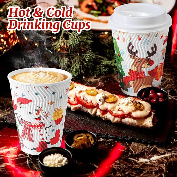 SIUQ 12 oz Christmas Coffee Cups with Lids - 50 Pack Disposable Insulated Paper Cups, Christmas Hot To Go Coffee Cups, Leak Proof Holiday Party Supplies for Office Home Celebrations