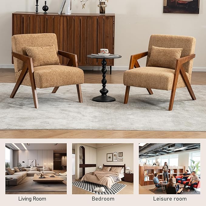 Mid Century Modern Accent Chair with Solid Wood Frame,Upholstered Chenille Living Room Arm Chairs with Pillow for Bedroom, Living Room, Reading Room, Balcony (1, Yellow)