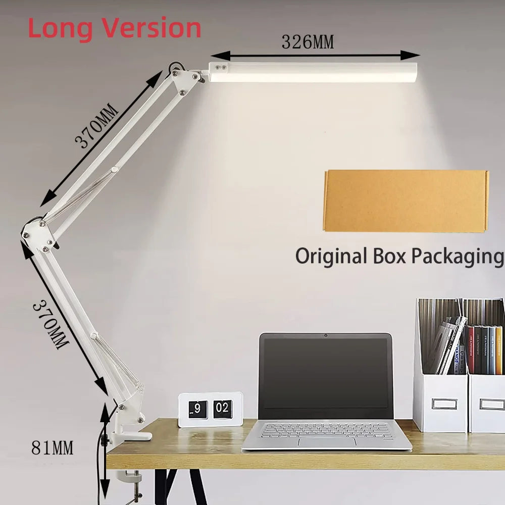 10W LED Desk Lamp with Clamp Swing Arm Eye-Caring Dimmable Desk Light 10 Brightness Levels 3 Modes USB Charging