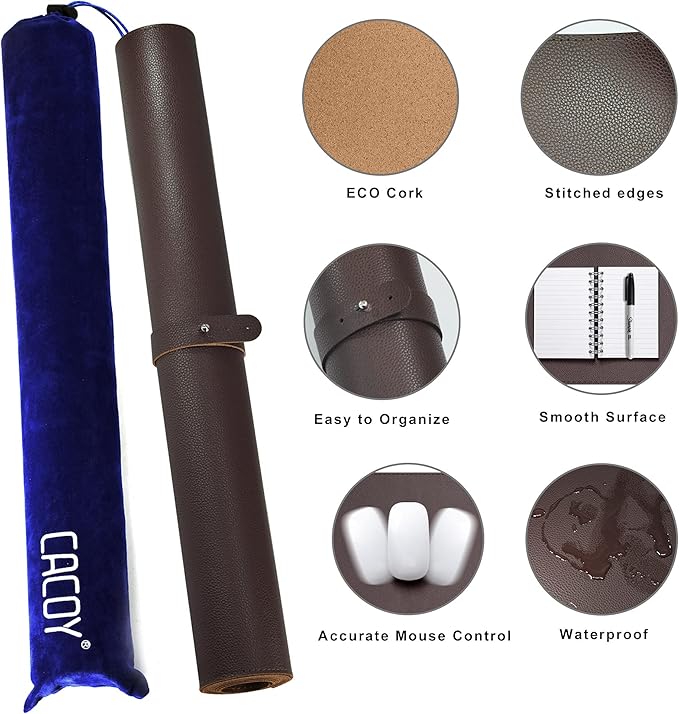 Cacoy Large Desk Mat 48" x 24" Leather Desk Pad Protector with Cork & PU Leather, Dual - Sided Office Desk Mat, Large Mouse Pad, Waterproof Desk Blotter Pad for Office and Home (Brown) | Desk Pads Blotters - TrueDesk