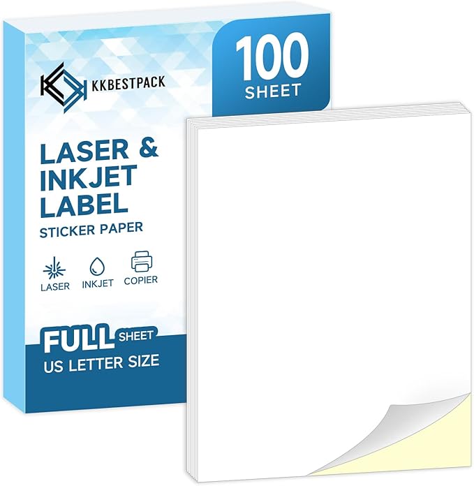 Full Sheets Sticker Paper – 100 Sheets, 8.5" x 11" Letter Size, for Inkjet & Laser Printers | Inkjet Printer Paper - TrueDesk