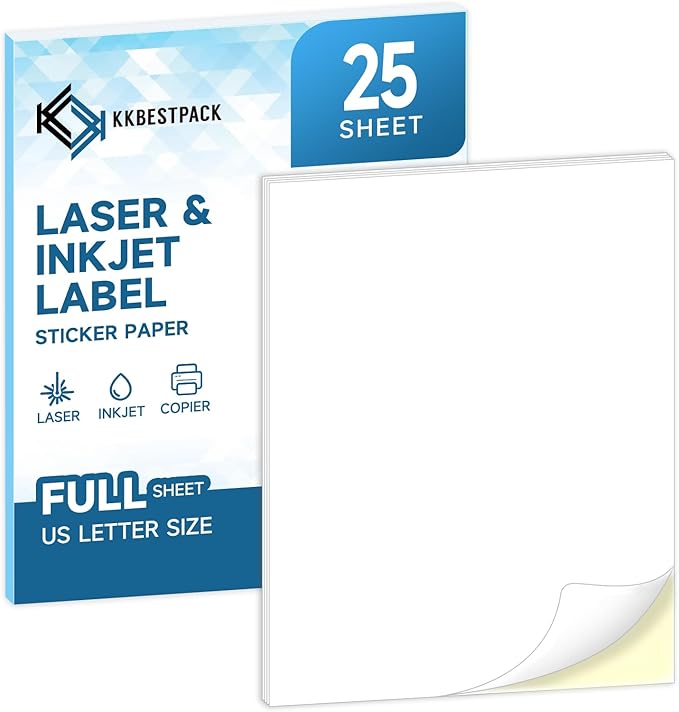Full Sheets Sticker Paper – 25 Sheets, 8.5" x 11" Letter Size, for Inkjet & Laser Printers | Inkjet Printer Paper - TrueDesk