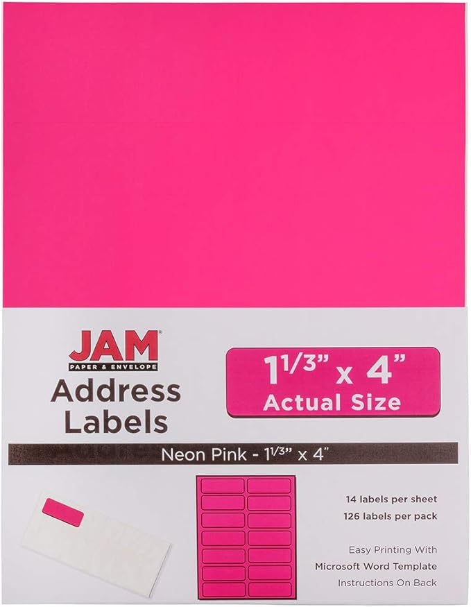 JAM Paper® Address Labels - 1 1/3 x 4 in - Neon Pink - 14 Labels per Sheet, 126 Per Pack | Address Labels - TrueDesk