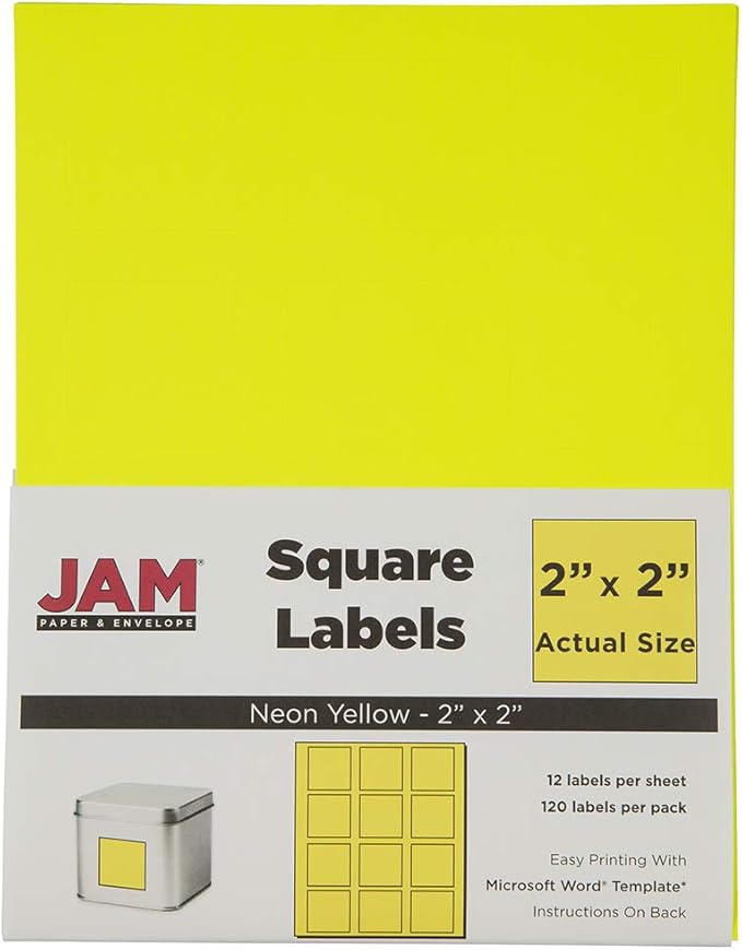 JAM PAPER Product & Container Labels - Square - 2 x 2 - Neon Yellow - 120/Pack | Address Labels - TrueDesk