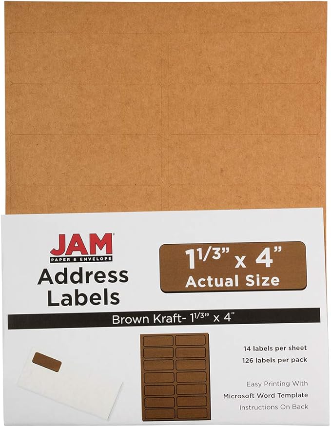 JAM PAPER Shipping Address Labels - Rectangular - 1 1/3 x 4 - Brown Kraft - 126/pack | Address Labels - TrueDesk