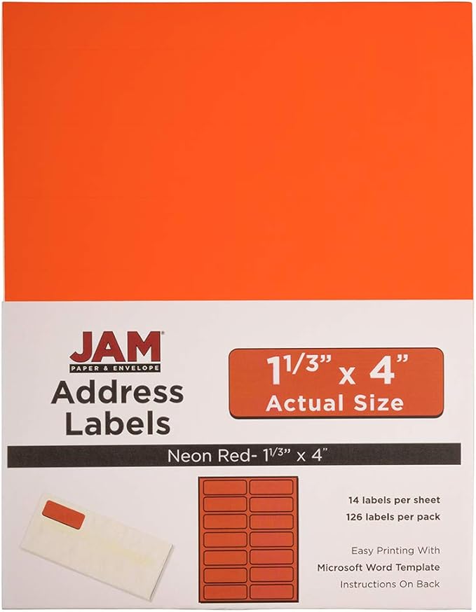 JAM PAPER Shipping Address Labels - Rectangular - 1 1/3 x 4 - Neon Deep Red/Orange - 126/pack | Address Labels - TrueDesk