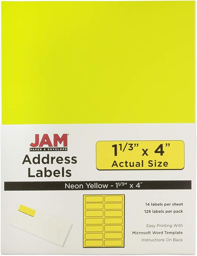 JAM PAPER Shipping Address Labels - Rectangular - 1 1/3 x 4 - Neon Yellow - 126/pack | Address Labels - TrueDesk