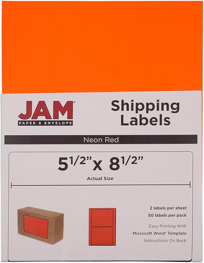 JAM PAPER Shipping Labels - Half Page - 5 1/2 x 8 1/2 - Neon Deep Red/Orange - 50/Pack | Address Labels - TrueDesk