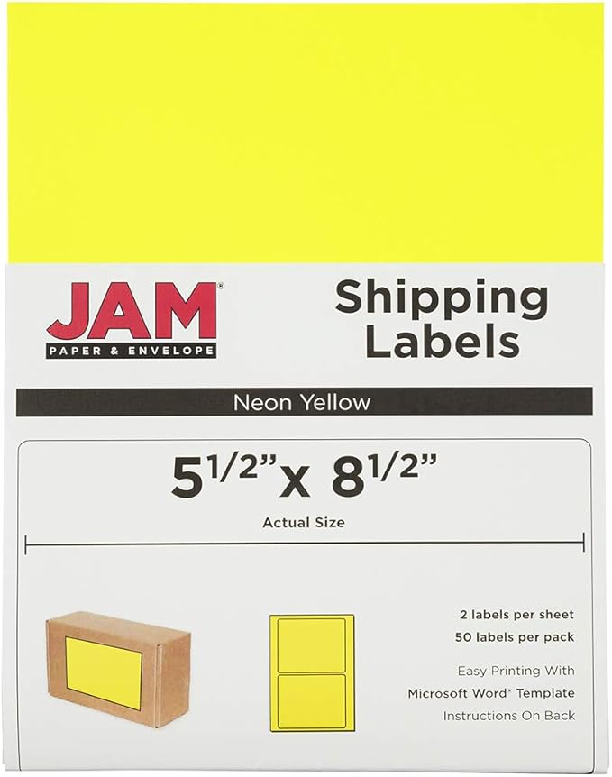 JAM PAPER Shipping Labels - Half Page - 5 1/2 x 8 1/2 - Neon Yellow - 50/Pack | Address Labels - TrueDesk