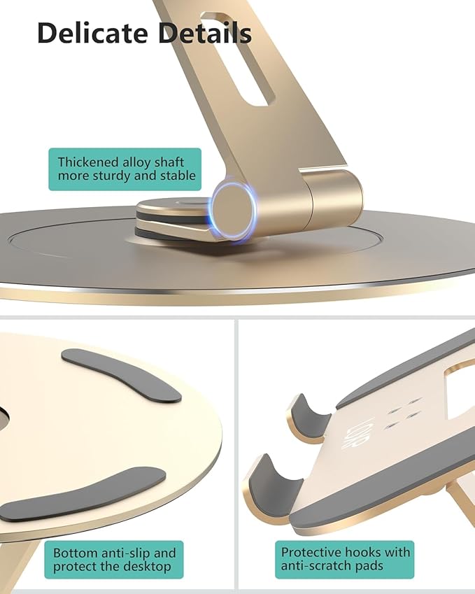 LOXP Ultra - Stable Aluminumy Laptop Stand for Desk with Foldable Phone Holder, 300% Large Base Stability, Anti - Loosening, Lectern Stand Suitable for 10" - 17.3" Laptops, Champagne Golden | Stands - TrueDesk