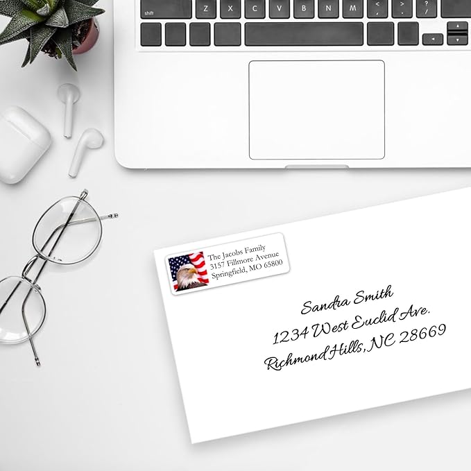Return Address Labels American USA Flag & Eagle - Custom Mailing Return Address Labels/Stickers for Envelopes, Easy Peel and Stick, Permanent Rectangle Labels (White) Made in The USA (Set of 60) | Address Labels - TrueDesk