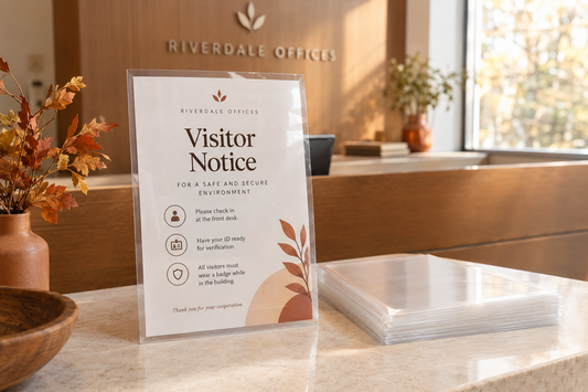 An office holiday sign protected in an 11x17 laminating pouch stands on a clean reception counter beside unused clear pouches.