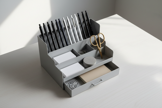 A multi-tier desk organizer with drawers displayed on a clean office desk as a thoughtful gift for a boss on National Bosses Day