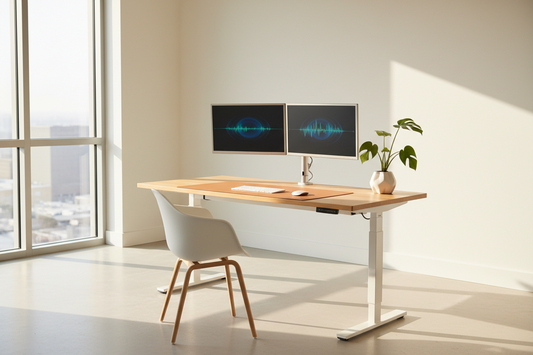 A minimalist premium adjustable standing desk setup with dual monitors and a clean leather desk mat under bright morning light, by True-Desk.