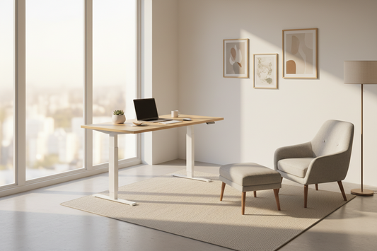 A minimalist premium adjustable standing desk setup with dual monitors under warm afternoon sunlight, by True-Desk.