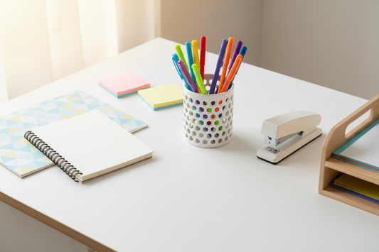 Back to school office supplies checklist — organized desk with pens, notebooks, and file organizer