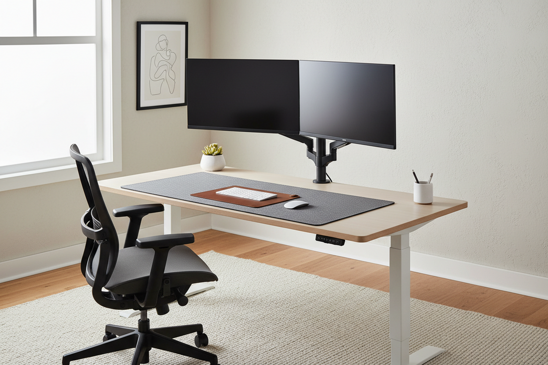 A professional ergonomic workspace setup with monitor arms and standing desks, by True-Desk.