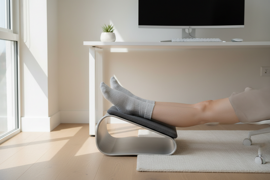 Ergonomic footrest under a home office desk supporting feet for better posture and comfort