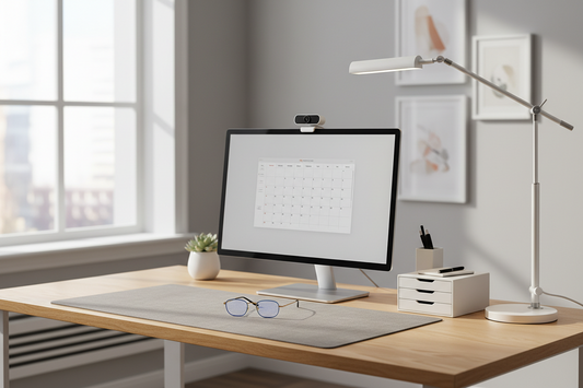 Back-to-school home office desk setup with LED desk lamp, blue light glasses, and desk organizer