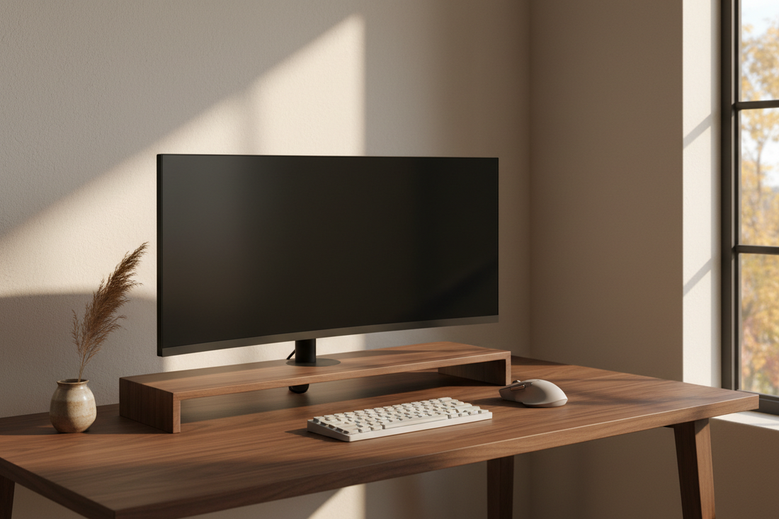Monitor stand riser elevating a large screen to eye level on a clean home office desk with keyboard stored underneath in a fall workspace setup