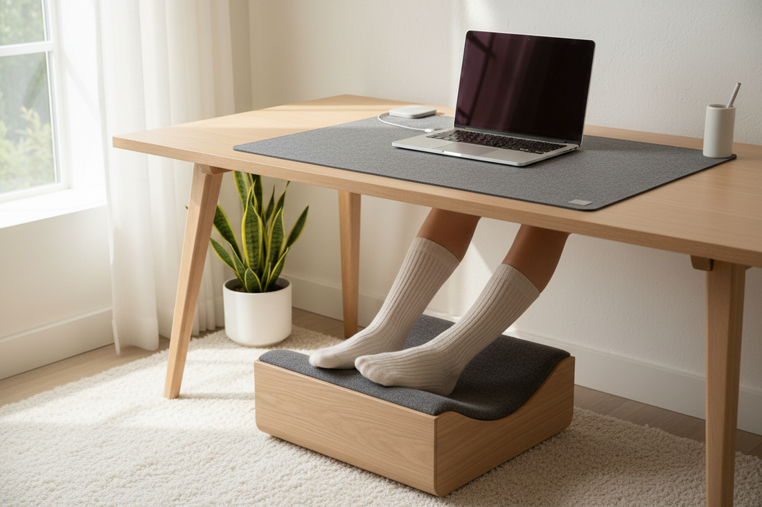 Ergonomic footrest under a minimal home office desk setup with soft natural lighting