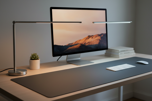 Best desk lamp for home office eye strain relief — adjustable LED lamp on a clean workspace setup
