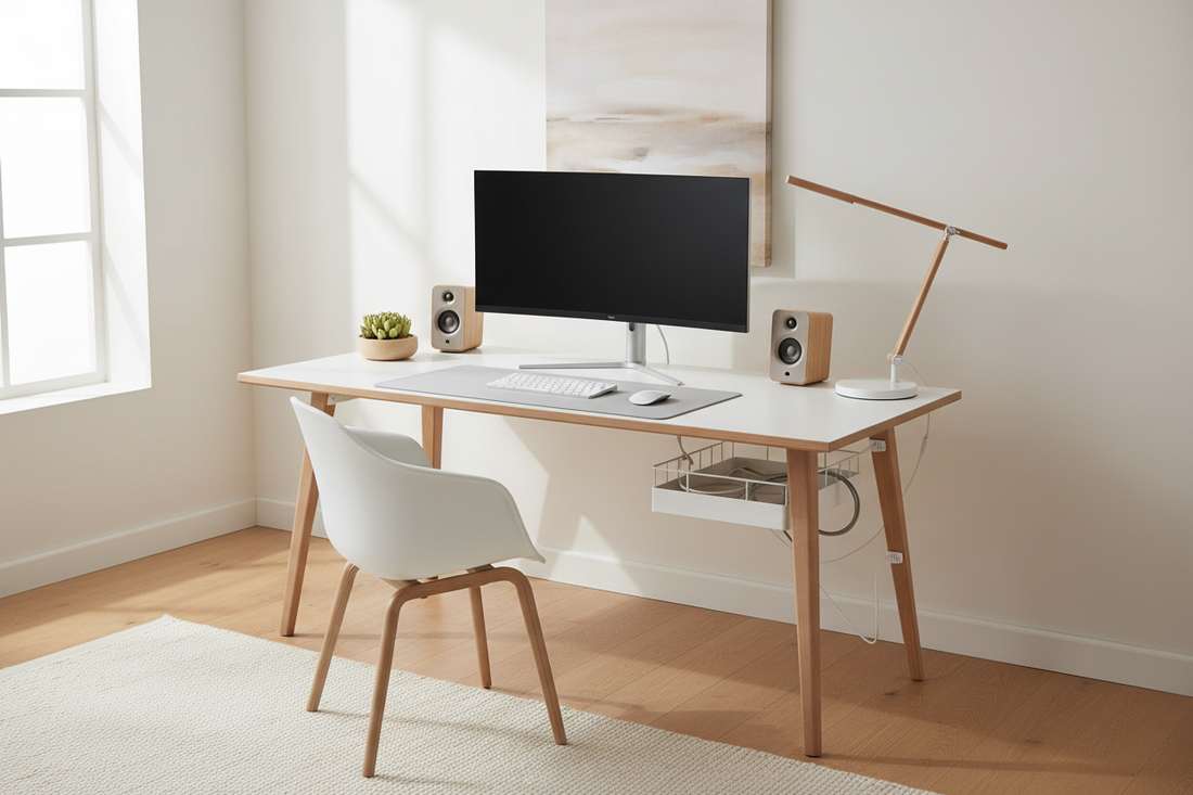 Clean home office desk setup with organized cable management using under-desk tray and cable clips