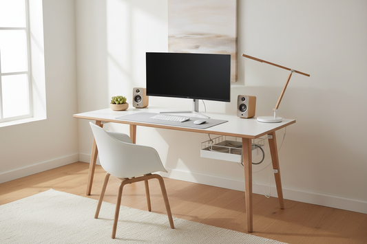 Clean home office desk setup with organized cable management using under-desk tray and cable clips