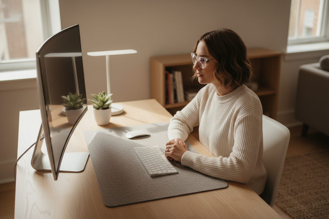 Person wearing blue light blocking glasses working at a minimal home office desk setup