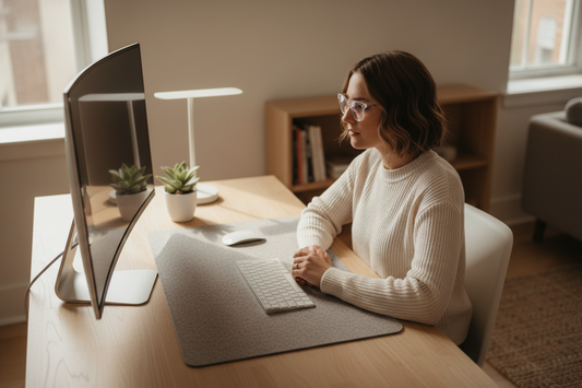 Person wearing blue light blocking glasses working at a minimal home office desk setup