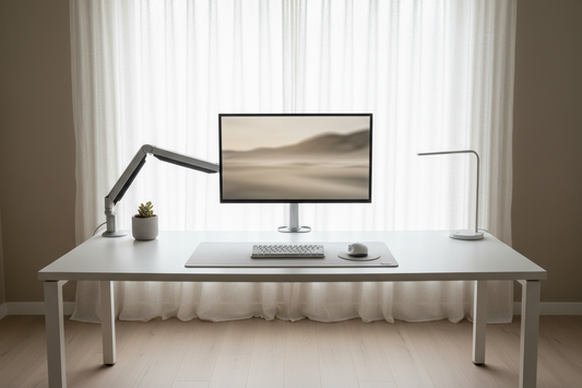 Clean home office desk setup with monitor mounted on an ergonomic monitor arm at eye level for better posture