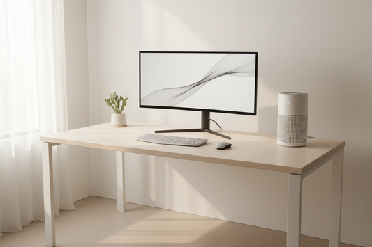 Clean home office desk setup with a white air purifier beside the monitor for better indoor air quality