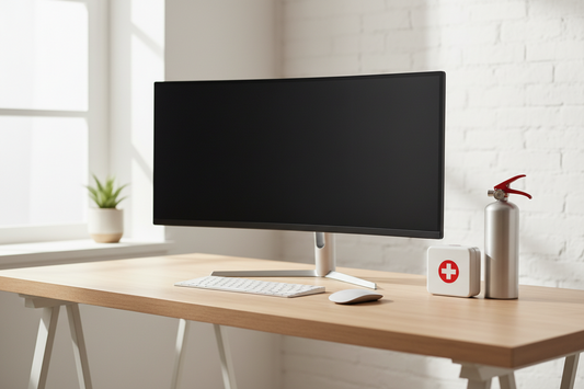 Home office emergency preparedness kit with first aid kit and fire extinguisher beside a clean desk setup