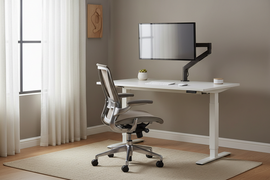 Ergonomic home office setup with adjustable office chair, monitor arm, and footrest for fall work-from-home season