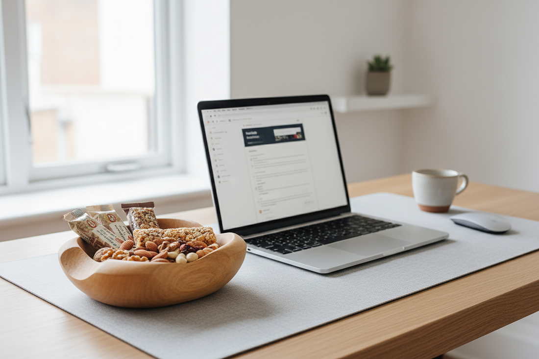 A neatly organized home office desk with healthy snacks and protein bars for improved productivity, by True-Desk.