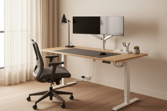 Perfect home office desk setup with standing desk, ergonomic chair, dual monitors, and organized accessories — TrueDesk