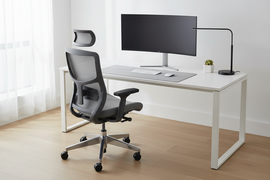 Ergonomic office chair at a clean, organized home office desk setup
