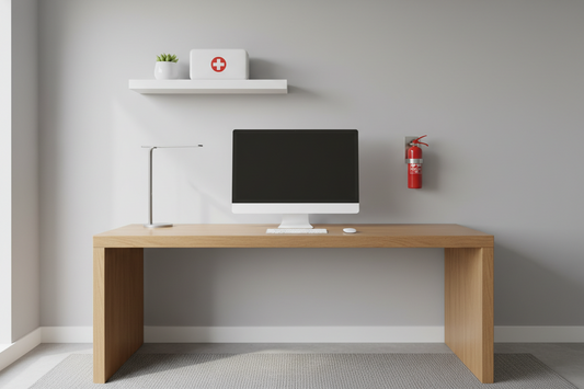 Home office safety essentials — first aid kit and fire extinguisher in a clean modern workspace for National Preparedness Month