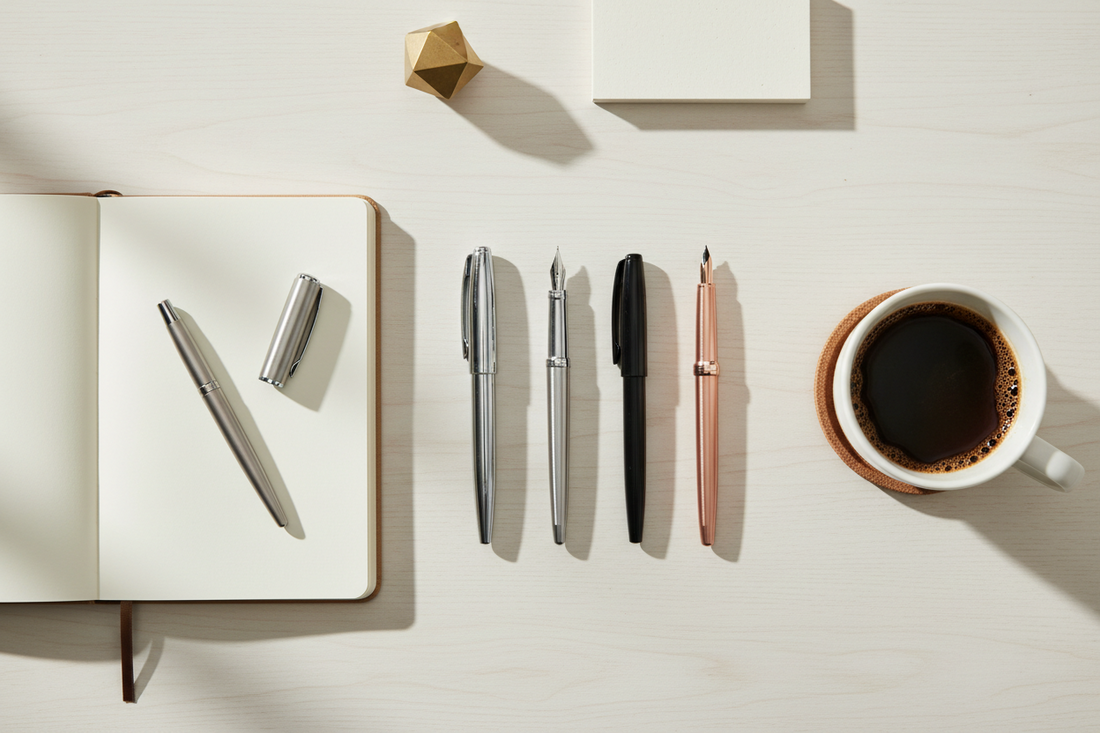 Assorted office pens including ballpoint, gel, and rollerball pens arranged on a clean desk workspace