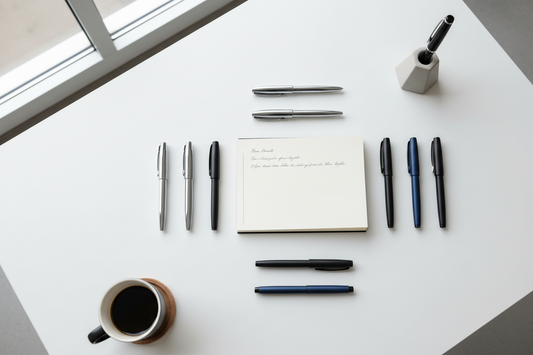 Flat lay of ballpoint, gel, and rollerball pens arranged on a white office desk — TrueDesk pen buying guide