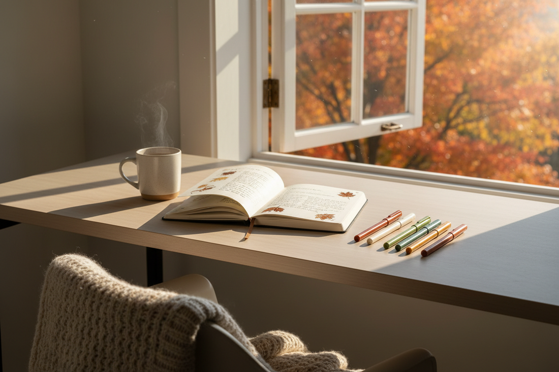 Best pens for journaling and daily planning displayed in a cozy fall desk setup with notebook and gel pens