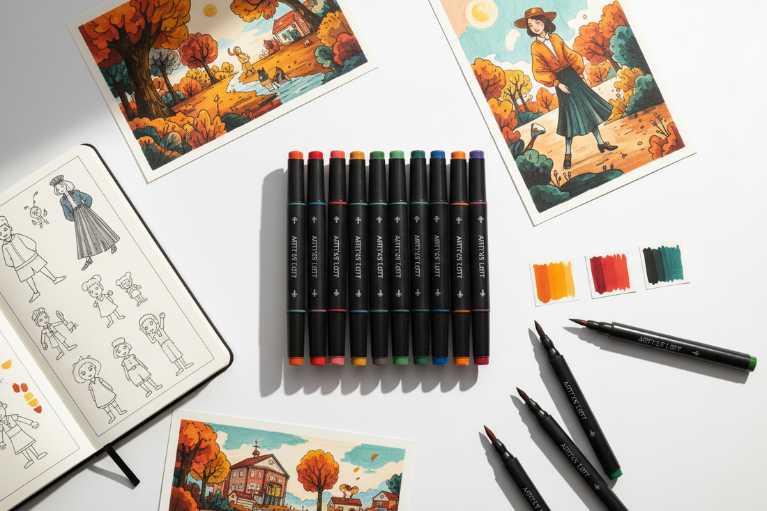 Best alcohol markers for beginners and artists displayed with colorful illustration artwork and sketchbook on a clean desk